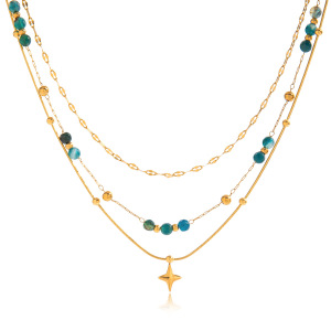 Collier À Plusieurs Rangs Pour Femme, Orné De Perles Rétro En Forme D'Étoile, En Acier Inoxydable Étanche Couleur Or (1 Pièce) h5 Image8