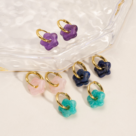 1 Paire De Boucles D'Oreilles Créoles Pour Femme, Collection Simple Series, Couleur Unie, En Acier Inoxydable Étanche Et Pierre Naturelle.