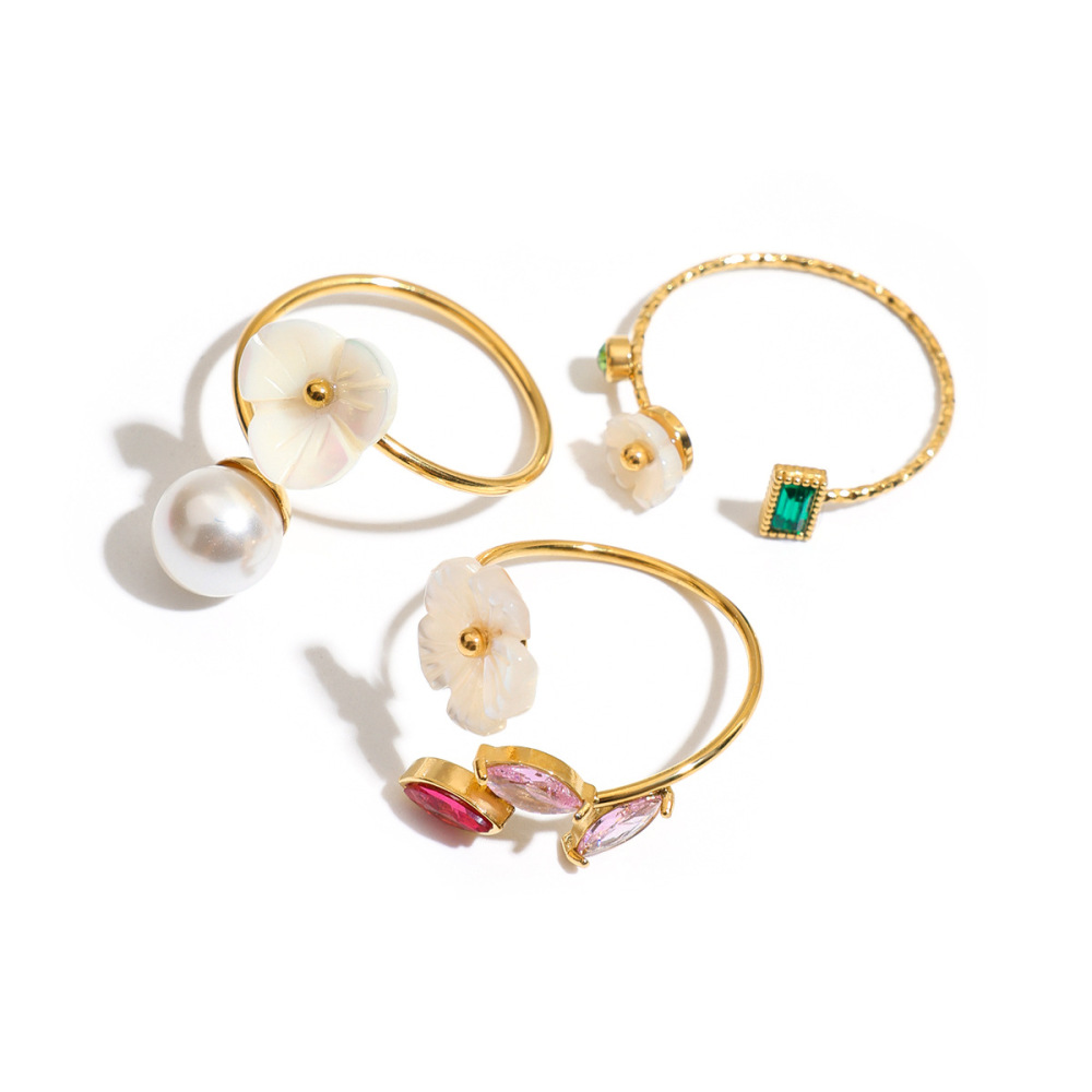 Bague Pour Femme En Acier Inoxydable Doré, Ornée D'Une Fleur En Coquillage Lustrée Et De Pierres Précieuses (1 Pièce). h5Image9