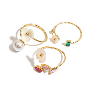 Bague Pour Femme En Acier Inoxydable Doré, Ornée D'Une Fleur En Coquillage Lustrée Et De Pierres Précieuses (1 Pièce). h5 Image9