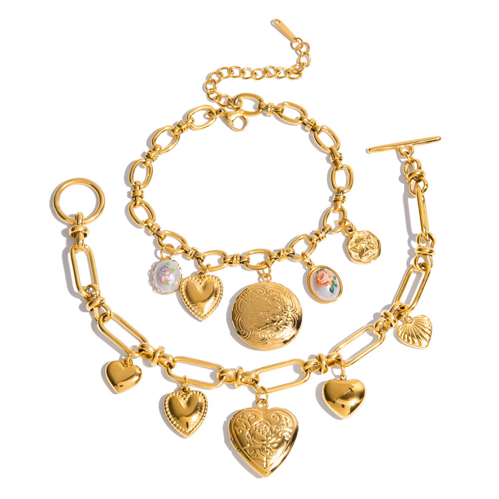 Bracelet À Breloques Pour Femme, En Acier Inoxydable, Couleur Or, Avec Un Cœur Délicat (1 Pièce). h5Image9