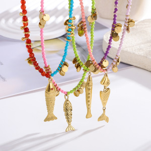 Collier De Perles Pour Femme, 1 Pièce, En Acier Inoxydable Étanche, Couleur Or, Motif Poisson Vif h5 Image4