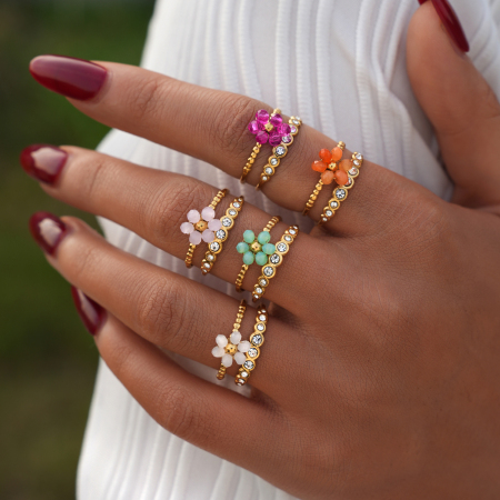 Bague en acier inoxydable tissée à fleurs, couleur or, avec perles