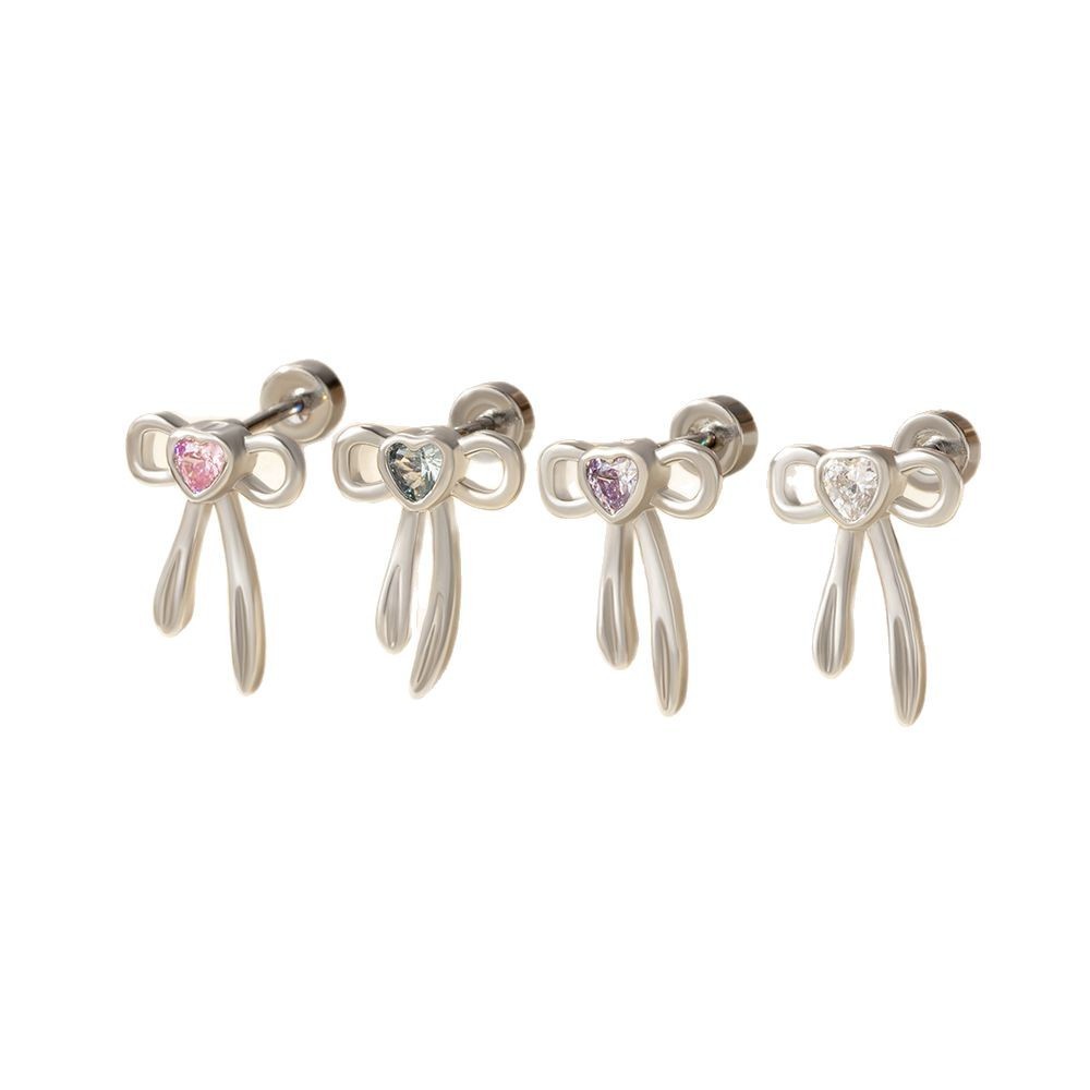 1 Paire De Boucles D'Oreilles À Tige En Acier Titane Sans Placage, Motif Nœud Papillon, Série Simple, Pour Femme, Zircone Cubique Image5