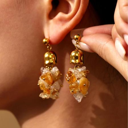 Boucles d'oreilles pour femme, 1 paire, avec pompon en pierre naturelle, acier inoxydable étanche, couleur or.