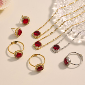 Ensemble De Bijoux Pour Femme, 1 Pièce, Classique Carré, En Acier Inoxydable, Étanche, Couleur Or, Zircon Rouge h5 Image2