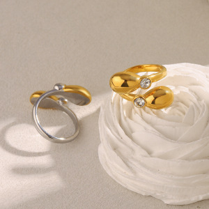 Bague Minimaliste Décontractée En Acier Inoxydable Doré, Étanche, Avec Motif Goutte D'Eau (1 Pièce) - Collection Simple h5 Image6