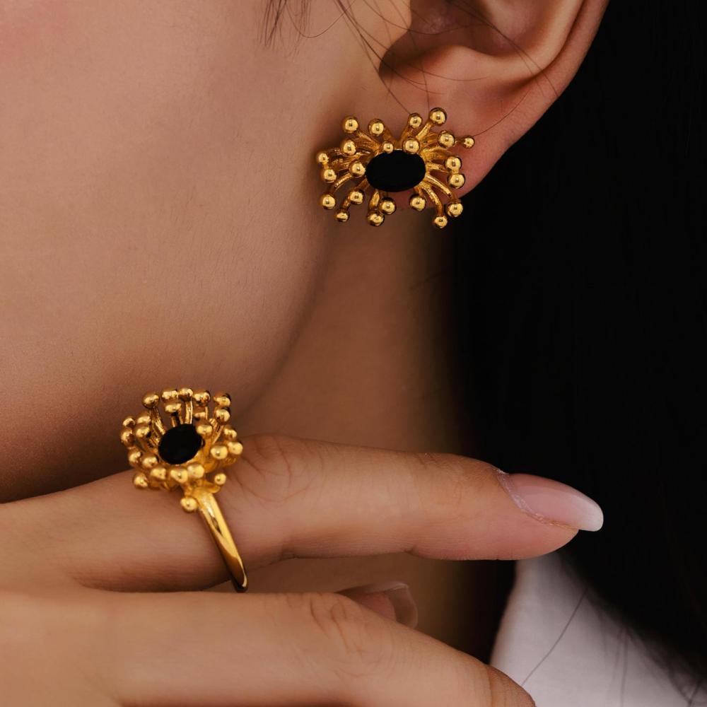 Ensemble De Boucles D'Oreilles Rétro À Fleurs En Acier Inoxydable Étanche Couleur Or Pour Femme (1 Pièce) Image4