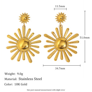 Boucles D'Oreilles Pendantes Pour Femme, En Acier Inoxydable Doré, Imperméables, En Forme De Soleil (1 Paire). h5 Image2