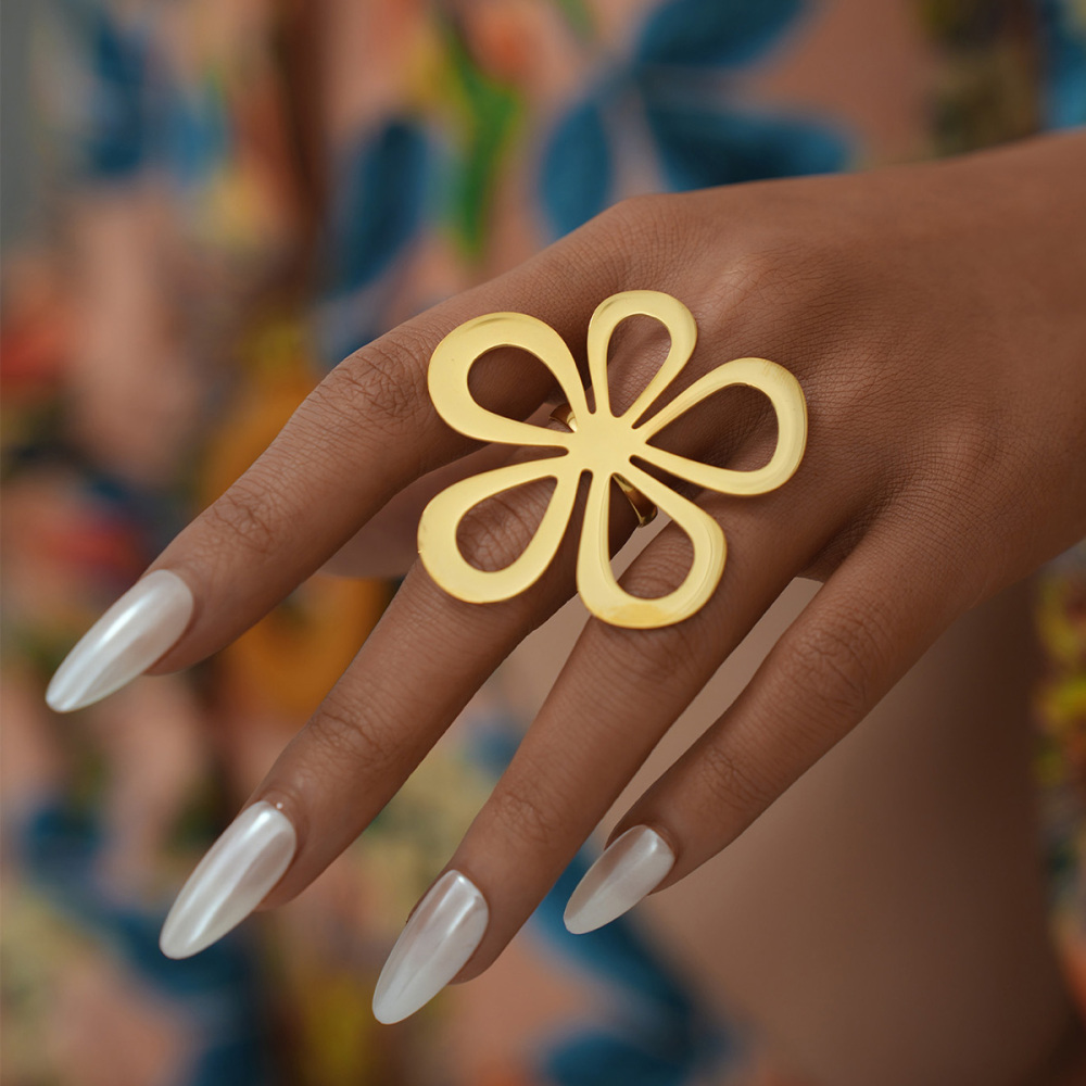 Bague De Déclaration Pour Femme En Acier Inoxydable Couleur Or Avec Motif Floral Rétro, 1 Pièce Image7