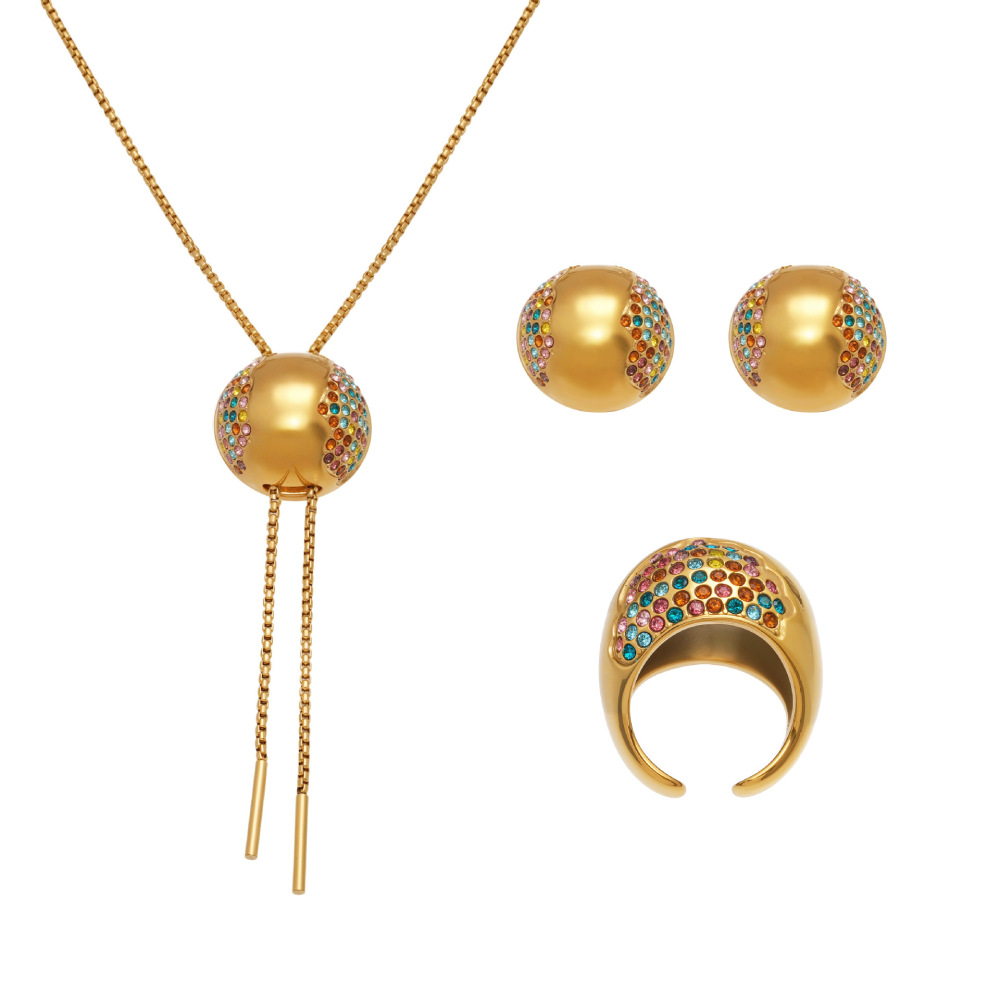 Ensemble De Bijoux Pour Femmes En Acier Inoxydable Doré, Orné D'Un Zircon Et D'Un Demi-Cercle (1 Pièce). Image9