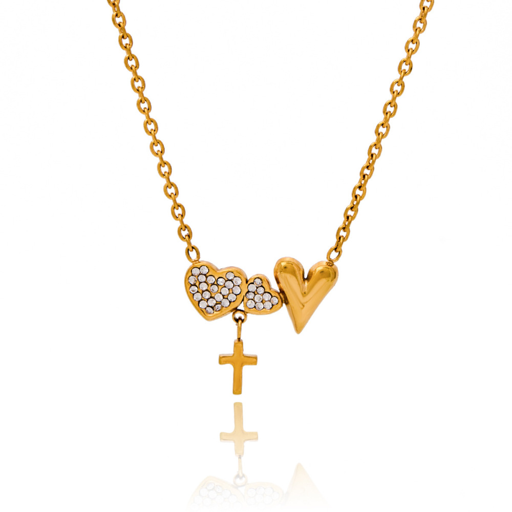 Collier Pendentif Femme Exquis En Acier Inoxydable Étanche Couleur Or, Représentant Un Cœur Et Une Croix (1 Pièce) h5Image6