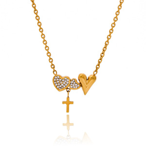 Collier Pendentif Femme Exquis En Acier Inoxydable Étanche Couleur Or, Représentant Un Cœur Et Une Croix (1 Pièce) h5 Image6