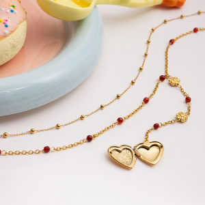 Collier Superposé Sophistiqué En Acier Inoxydable, Couleur Or, Avec Pendentif Cœur (1 Pièce) h5 Image4