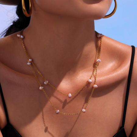 Collier à maillons pour femme, 1 pièce, en acier inoxydable, couleur or, forme de perle irrégulière classique