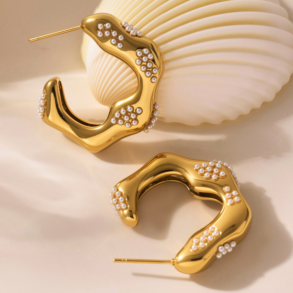 1 Paire De Boucles D'Oreilles Créoles Pour Femme, En Acier Inoxydable Doré, Forme Irrégulière, Collection Classique, Étanches. Image5