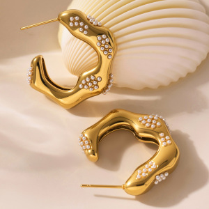 1 Paire De Boucles D'Oreilles Créoles Pour Femme, En Acier Inoxydable Doré, Forme Irrégulière, Collection Classique, Étanches. h5 Image5