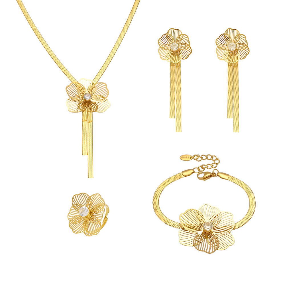 Ensemble De Bijoux Pour Femme En Acier Inoxydable Doré, Orné D'Un Zircon Et D'Une Fleur Classique (1 Pièce). h5Image9