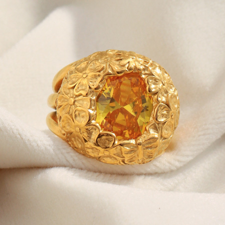 Bague de luxe rétro à motif floral en acier inoxydable étanche couleur or (1 pièce)