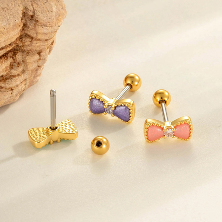Boucles d'oreilles piercing pour femme, 1 pièce, nœud papillon polychrome, cuivre, couleur or, zircon 2