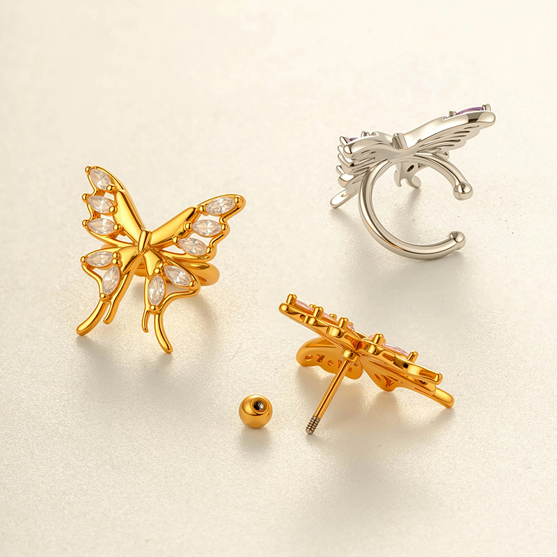 Boucle D'Oreille Piercing Papillon En Cuivre Doré Et Zircon Image3