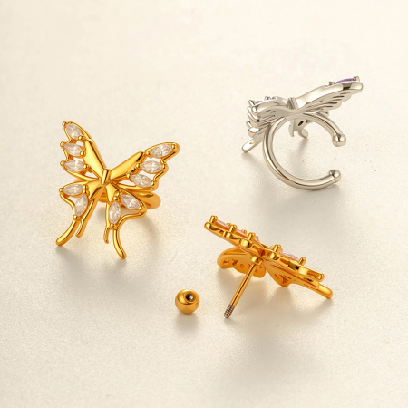 Boucle d'oreille piercing papillon en cuivre doré et zircon 2