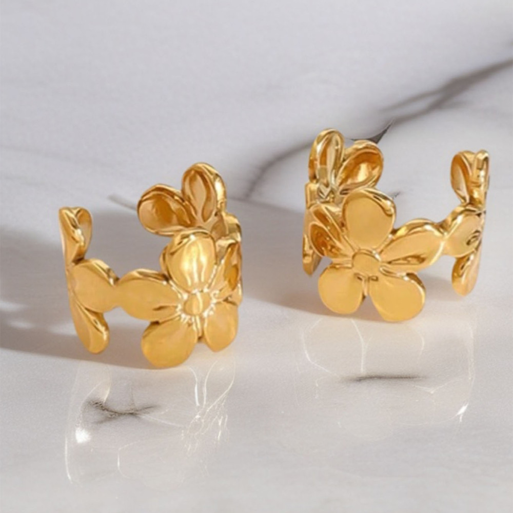 Boucle D'Oreille Manchette Femme Simple En Acier Inoxydable, Imperméable, Couleur Or, Motif Floral (1 Pièce) Image7