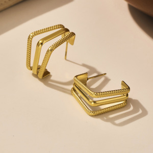 1 Paire De Boucles D'Oreilles Créoles Minimalistes Rectangulaires En Acier Inoxydable Étanche Couleur Or Pour Femme h5 Image5