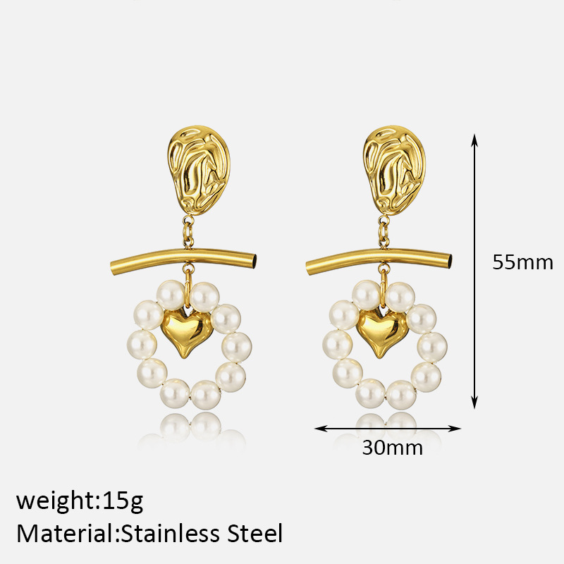 Boucles D'Oreilles Romantiques Rétro En Forme De Cœur, En Acier Inoxydable Étanche, Couleur Or, Avec Perles (1 Paire). 