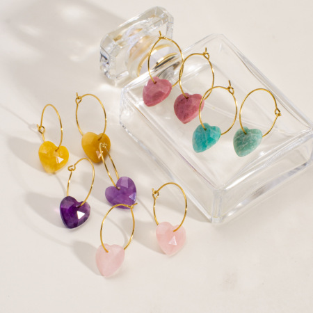 1 paire de boucles d'oreilles créoles élégantes en forme de cœur pour femme, série Simple, pierres naturelles