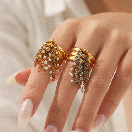 Bague élégante et quotidienne à pompon, en acier inoxydable étanche, couleur or, avec perle.