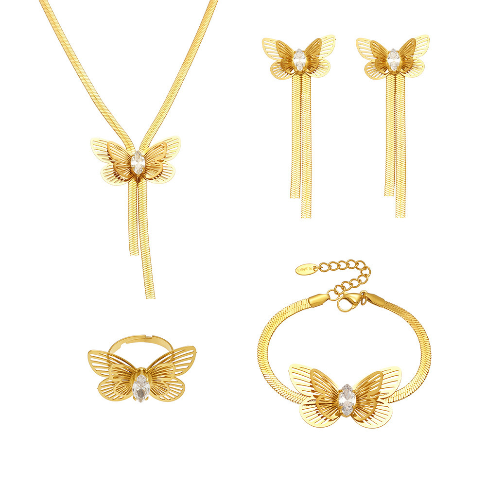 Ensemble De Bijoux Pour Femme 1 Pièce, Motif Papillon Romantique, En Acier Inoxydable Étanche Couleur Or Image8