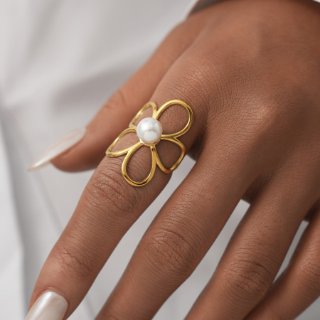 Bague tendance simple et élégante en acier inoxydable doré, couleur or, avec motif floral. 2