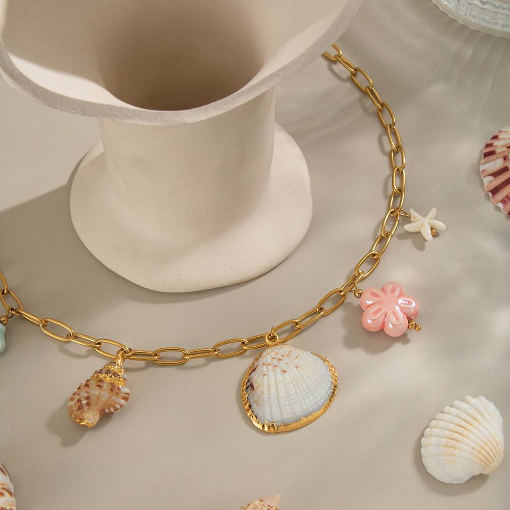 Collier Pendentif Romantique En Acier Inoxydable Doré, Couleur Coquillage, 1 Pièce Image2
