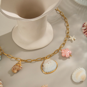Collier Pendentif Romantique En Acier Inoxydable Doré, Couleur Coquillage, 1 Pièce h5 Image2