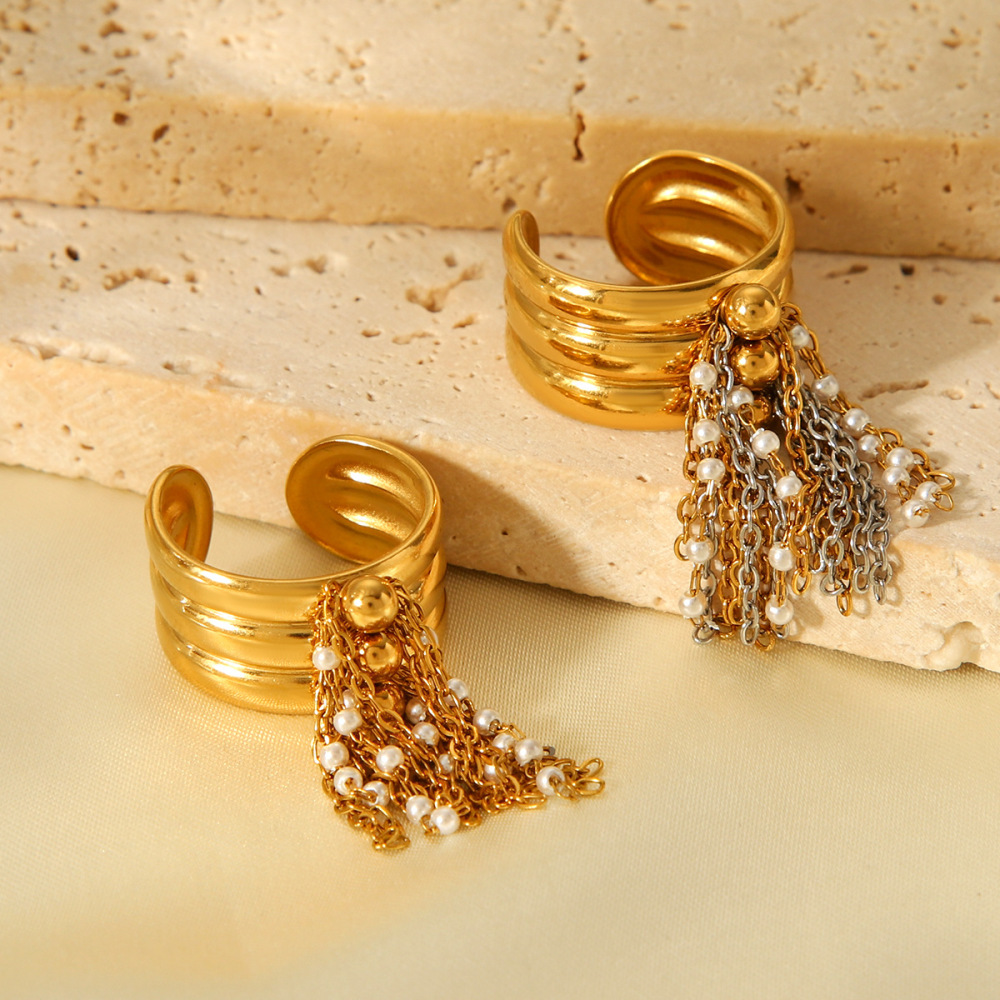 Bague Élégante Et Quotidienne À Pompon, En Acier Inoxydable Étanche, Couleur Or, Avec Perle. Image6