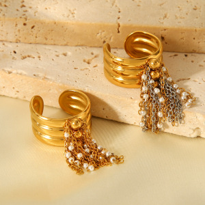 Bague Élégante Et Quotidienne À Pompon, En Acier Inoxydable Étanche, Couleur Or, Avec Perle. h5 Image6