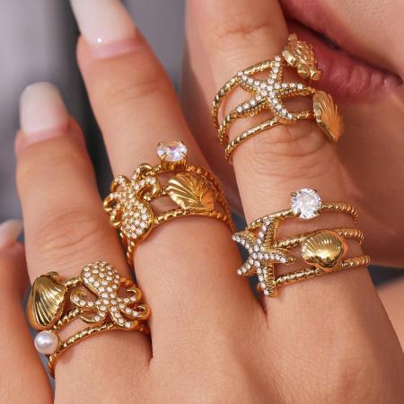 Bague tendance en acier inoxydable doré, ornée d'un motif d'organisme marin brillant (1 pièce).