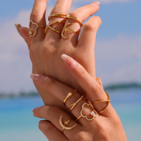 Bague tendance en acier inoxydable doré, étanche, collection Shining Series Moon (1 pièce)