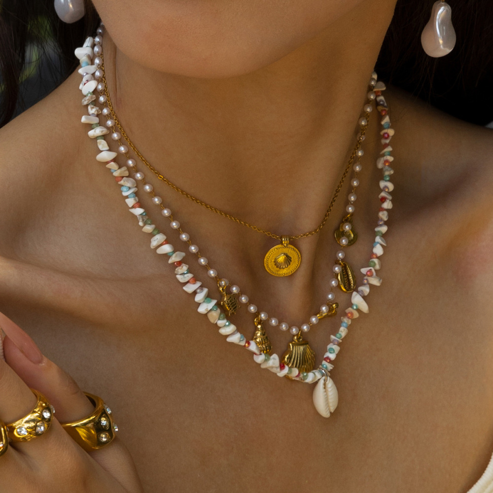 Collier De Perles Couleur Or En Pierres Naturelles De Coquillage, 1 Pièce Image3