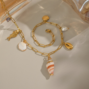 Collier Pendentif En Acier Inoxydable Doré, Étanche, En Forme De Coquillage h5 Image3