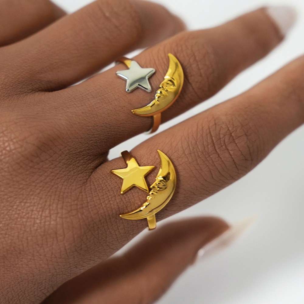 Bague Tendance Simple Et Décontractée En Acier Inoxydable Couleur Or, Avec Motif Lune. Image5