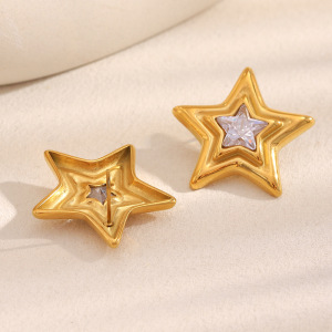 1 Paire De Boucles D'Oreilles Puces Classiques Et Simples En Forme D'Étoile, En Acier Inoxydable Étanche, Couleur Or, Pour Femme. h5 Image3