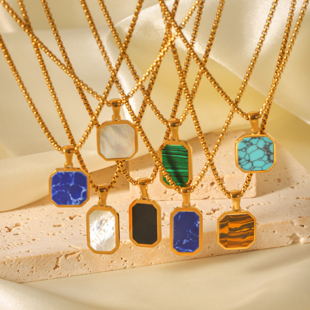 Collier Pendentif Femme Simple Series Daily Rectangle En Acier Inoxydable Étanche Avec Pierre Naturelle (1 Pièce) Image3