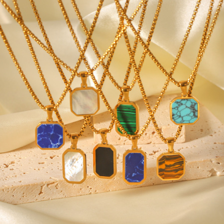 Collier pendentif femme Simple Series Daily Rectangle en acier inoxydable étanche avec pierre naturelle (1 pièce) 2