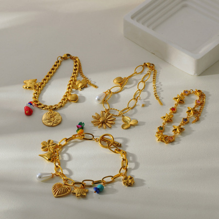 Bracelet à breloques rétro en forme de cœur, en acier inoxydable étanche, couleur or (1 pièce).