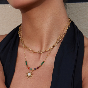 Collier Pendentif Femme Rétro Soleil En Acier Inoxydable Étanche Couleur Or (1 Pièce) h5 Image2
