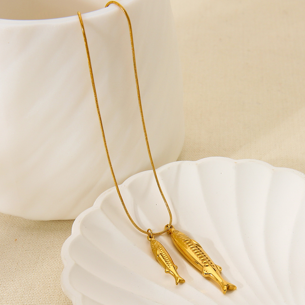 Collier Pendentif Tortue/Poisson En Acier Inoxydable Étanche Couleur Or (1 Pièce) Image4