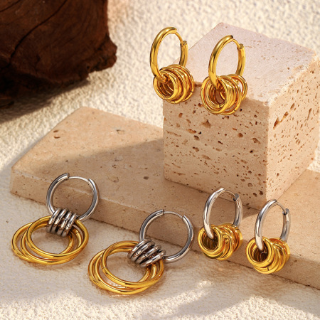 1 paire de boucles d'oreilles pendantes rondes simples en acier inoxydable étanche couleur or