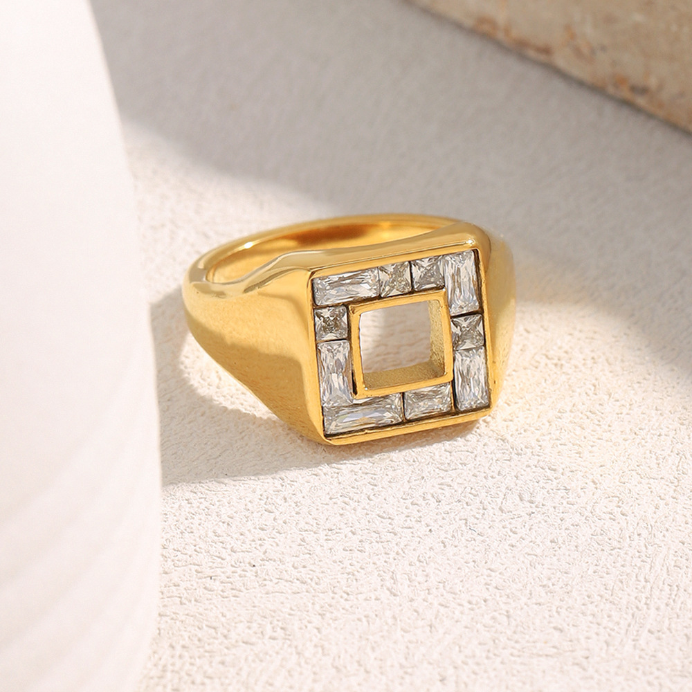 Bague De Luxe Rectangulaire Pour Tous Les Jours, En Acier Inoxydable Étanche, Couleur Or (1 Pièce). Image6